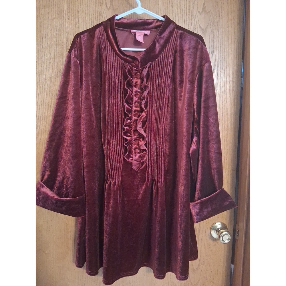 Woman Within 4X Burgundy Velvet Top Blouse Tunic Cuffed Sleeve 1/2 Button Ruffle